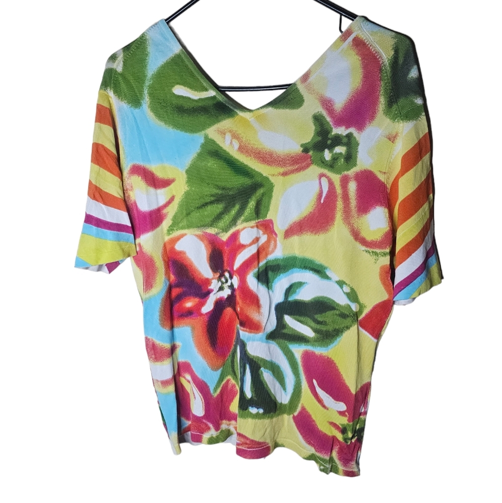 Pierri New York women's water colour floral  short-sleeved v-neck sweater size L - Picture 2 of 6